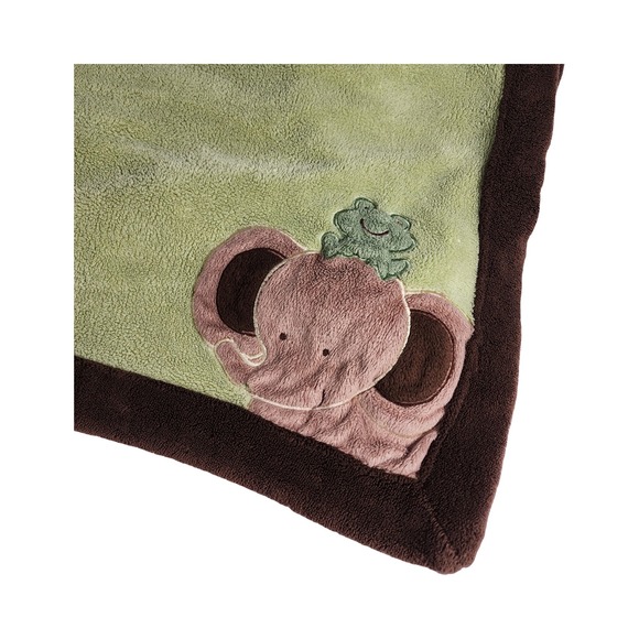 Sage Green Plush Baby Blanket Elephant Frog Applique Brown Border 27x34 Soft - Picture 3 of 9
